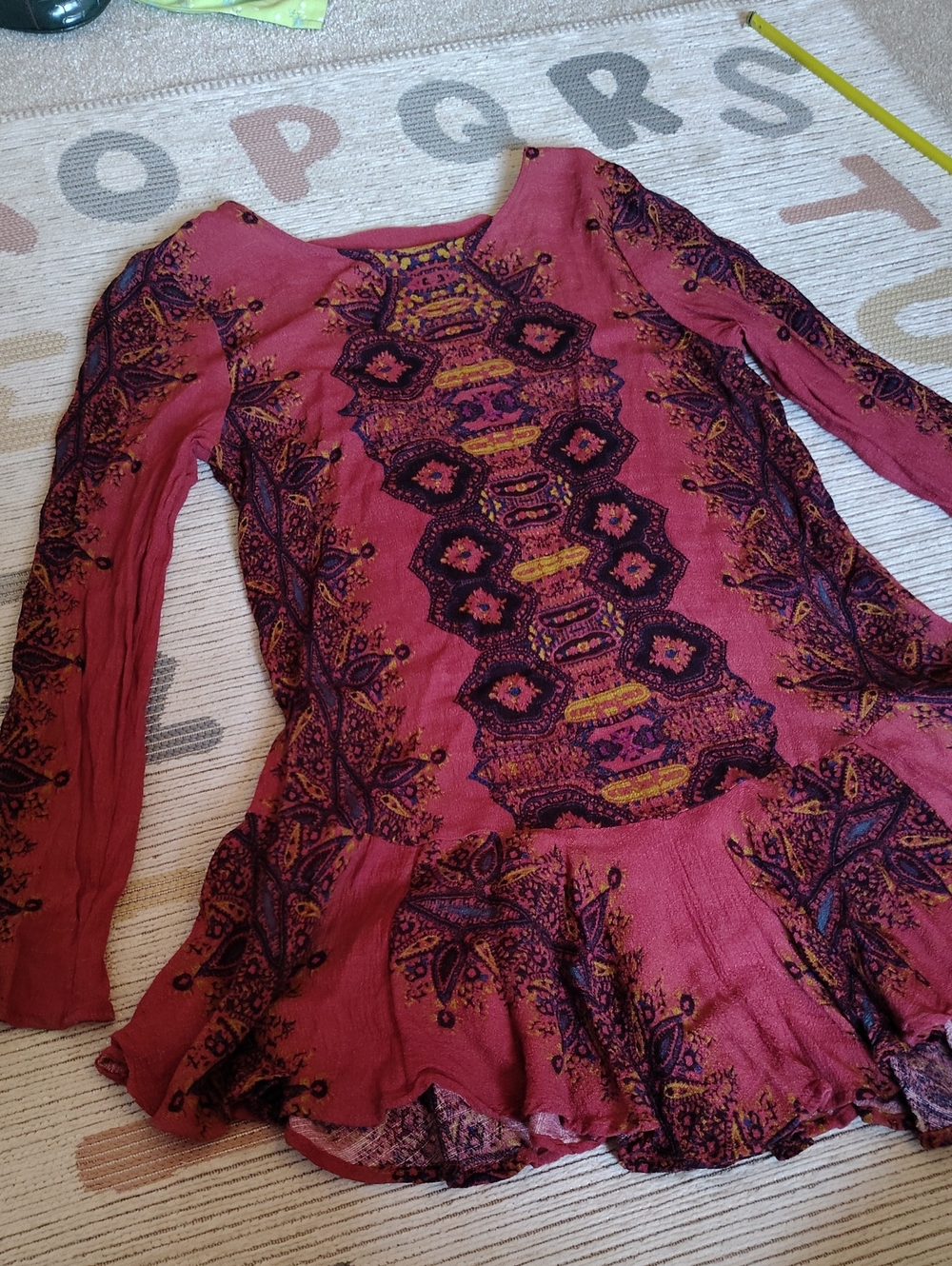 Free People Bohemian Rust Printed Long Sleeve Ruffle Tunic